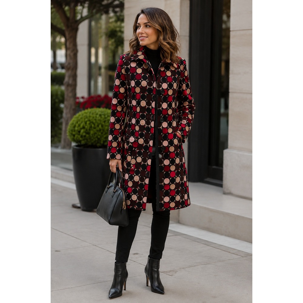 Etcetera Red Black Geometric Mid Length Velvet Trench Coat Size 6 Retro Mod